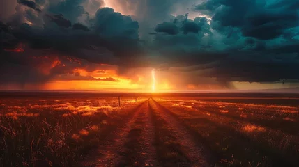 Outdoor-Kissen A dramatic storm cloud over an open field with dirt road leading to the horizon during sunset, lightning in background © K'kriang Krai