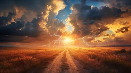 Selbstklebende Fototapeten A dramatic storm cloud over an open field with dirt road leading to the horizon during sunset, lightning in background © K'kriang Krai