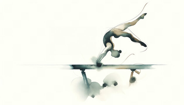 Olympics. Artistic Gymnastics. Silhouette of a young gymnast on a balance beam on white background. Digital painting.