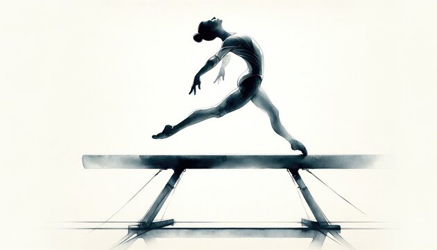 Olympics. Artistic Gymnastics. Silhouette of a young gymnast jumping on a balance beam on white background. Digital painting.