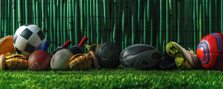 Composition various sport equipment on green grass field - Powered by Adobe