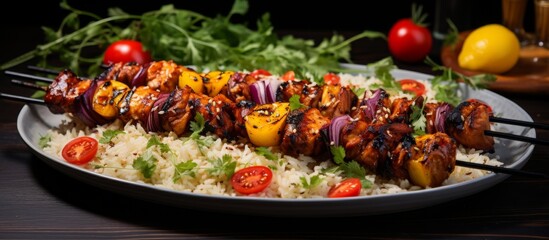 Close up view capturing a plate of nutritious food comprising of rice and assorted vegetables