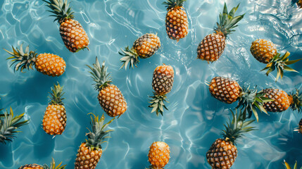 Fototapeta premium Overhead view of pineapple fruit floating in a summer swimming pool