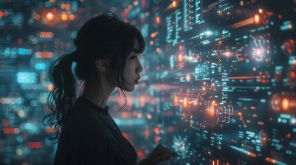 Amid a labyrinth of luminescent screens, a lone figure is enveloped by a symphony of data. Each panel pulsates with intricate visuals, revealing the digital tapestry of tomorrow's world.
