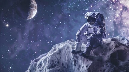 astronaut sitting on a comet observing the starry universe in high resolution and high quality. astronaut concept, universe, galaxies