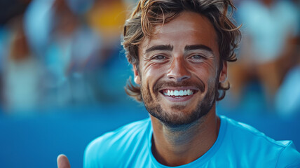 A happy emotional young tennis player in a blue T-shirt who gives a gesture to celebrate the victory in the match,generative ai - obrazy, fototapety, plakaty