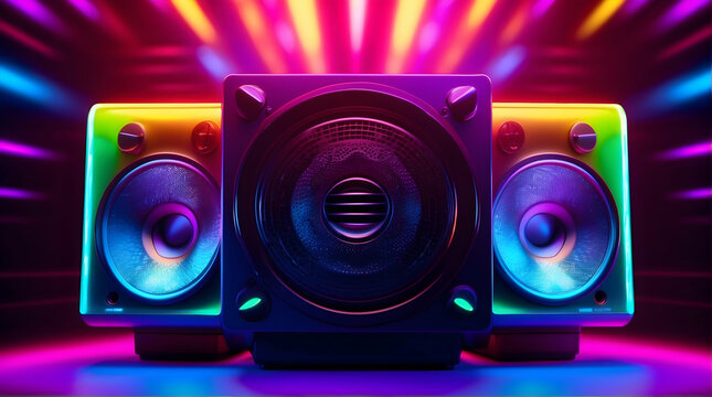 Eye-catching speakers with pulsating sound waves in a spectrum of neon colors, ideal for music and party themes