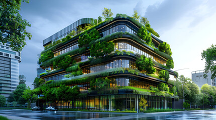 Modern office with green environment. Business build, modern office building with green leaves. green city - double exposure of lush green forest and modern skyscrapers windows, Generative AI 