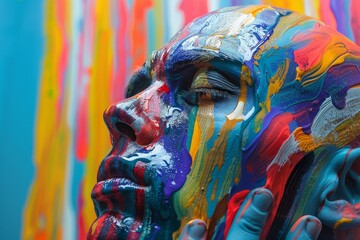 Body painting art on human face against colorful mural backdrop