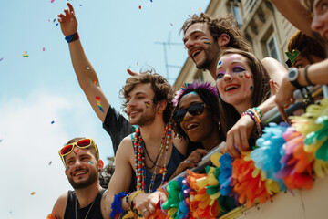 Group of queer people on a float, showing LGBT pride with rainbow decorations, men and women together