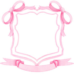 Pink couette bow crest clipart, Wedding victorian art frame and ribbon watercolor illustration.