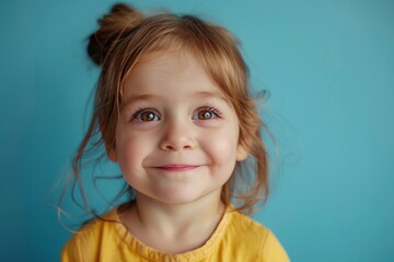 Happy Toddler with Big Eyes and Yellow Dress. Generative AI.
