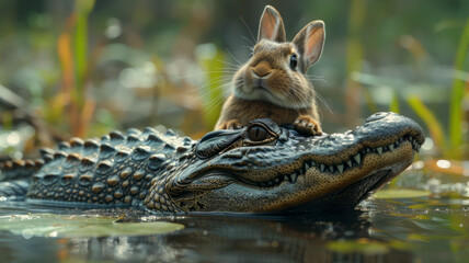 Fototapeta premium bunny riding an alligator.generative ai