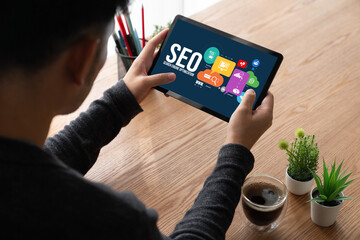 SEO search engine optimization for modish e-commerce and online retail business showing on computer...