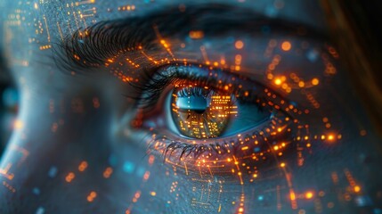 Explore an extreme close-up of an eye enveloped in a symphony of glowing digital data and futuristic infographics, signaling a high-tech scanning voyage.
