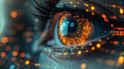 In the depths of an iris lies the gateway to the digital realm. Infographics dance across the retina, revealing the intersection of human perception and technology.
