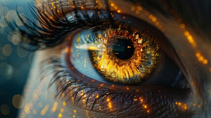 Witness the convergence of biology and technology in an extreme close-up of an eye, adorned with luminous digital data and intricate infographics, heralding an augmented reality marvel.
