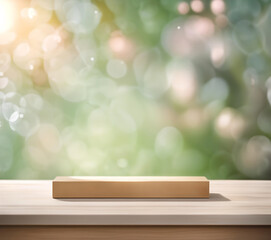 Beauty close up table with spring summer green bokeh backdrop. Empty display illustration for selling online product for graphic designers. Wooden podium resource display table with set up stand. 