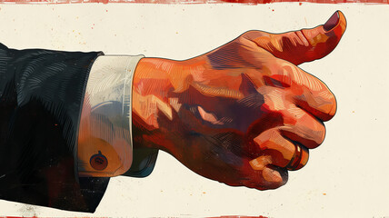 vintage poster in the style of the 60s, close up, businessman's hand showing thumb up, white background,generative ai