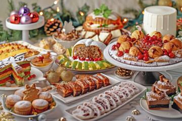 A Festive Christmas Table Laden with Delicious Food and Desserts: Enjoying the Holiday Spirit