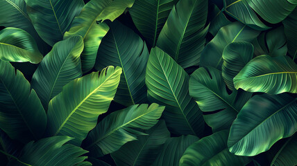 tropical banana leaf texture, large palm foliage nature dark green background,generative ai