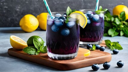 Fototapeta premium Refreshing Summer Blueberry Cocktail Trio: Mojito, Lemonade, Sangria on Kitchen Countertop - Juicy Fruit Drinks for Entertaining and Hospitality