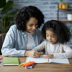 African American Mom Helping Daughter with Homework