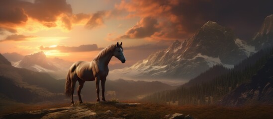 Majestic horse standing gracefully on a stunning mountain peak during sunset with the sun setting in the background