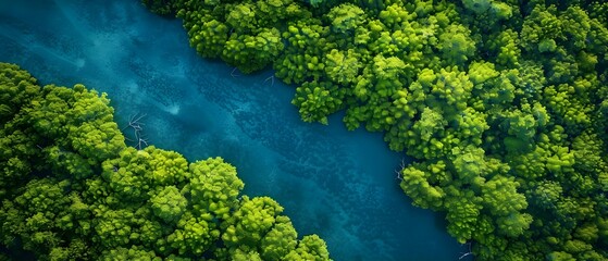 Aerial view of dense mangrove forest capturing CO2 absorption promoting carbon neutrality and sustainable environment. Concept Mangrove conservation, Aerial photography, Carbon sequestration - obrazy, fototapety, plakaty