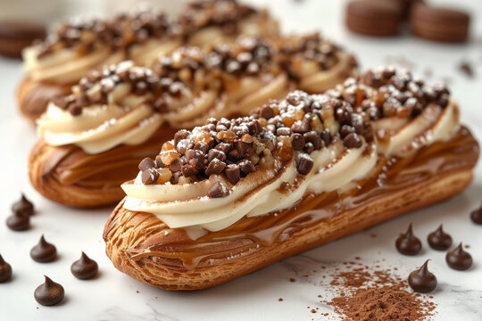 three eclairs with carmel cream on a white background,generative ai