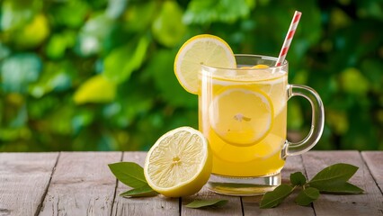 lemon juice and lemon slices on table copy space