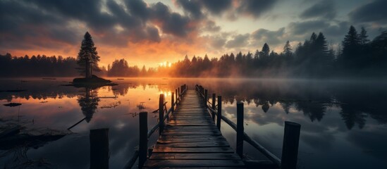 Wooden pier extending over tranquil lake waters during a picturesque sunset with colorful hues...