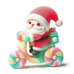 a cute santa shipper riding a scooter made of pastel color rainbow gummy candy on a white background - obrazy, fototapety, plakaty