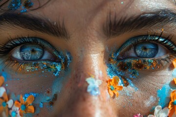 Intricate eye makeup with floral and glitter accents
