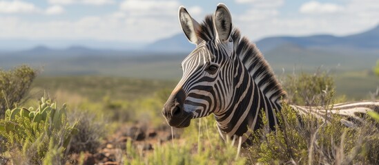 Fototapeta premium A zebra in its natural habitat, standing among the brush with majestic mountains in the background, gazing directly at the camera