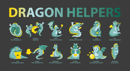 Dragon Helpers series. Vector illustration.