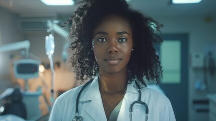 black female doctor in a white coat with a sweet smile against the background of a hospital ward....
