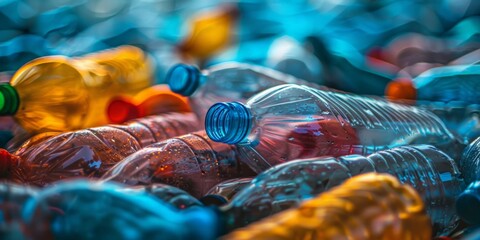 A gathering of numerous plastic bottles arranged side by side in a stack, showcasing waste and environmental issues - obrazy, fototapety, plakaty
