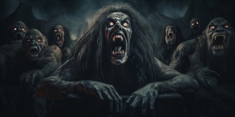 A group of zombies with their mouths open, showcasing their haunting expressions - obrazy, fototapety, plakaty