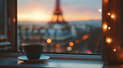 A cup of coffee resting on a window sill - obrazy, fototapety, plakaty