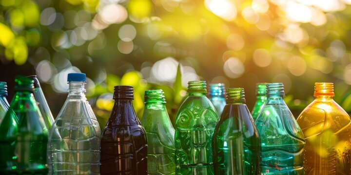 A row of empty glass bottles sitting on a table, reflecting light and creating a simple yet striking image