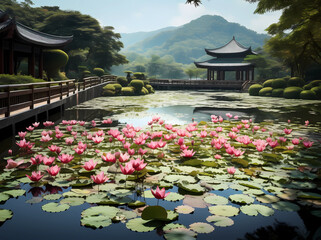 A large pond with pink lotus flowers blooming in the center, where there is an ancient pavilion and...