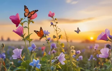 Fototapeten field of flowers with butterflies flying and sunset high quality photo HD  © Amirkhan