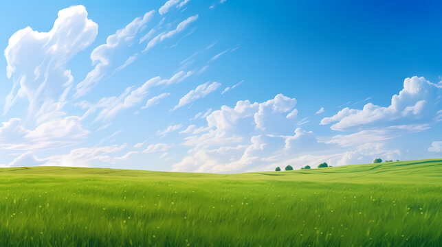 Green grass field and blue sky with white clouds