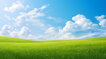 Green grass field and blue sky with white clouds