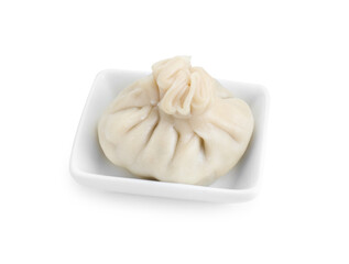 One tasty khinkali (dumpling) in bowl isolated on white. Georgian cuisine