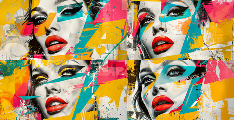 Woman's face with monochrome and color pop art elements,  geometric shapes and textures - 774513126