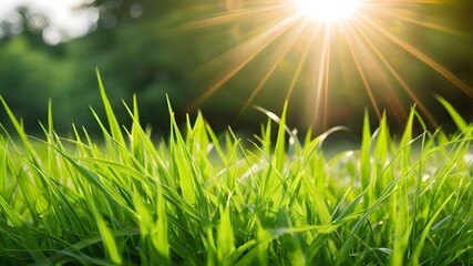 Natural Green Defocused Background with Sunshine, Juicy Young Grass, and Foliage - Vibrant Nature Photography for Spring and Summer Scenes, Outdoor Landscapes, and Botanical Concepts