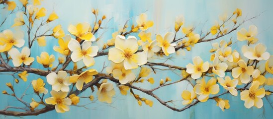 Vibrant painting of a branch full of yellow flowers set against a serene and deep blue background