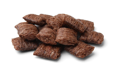 Tasty chocolate cereal pads isolated on white